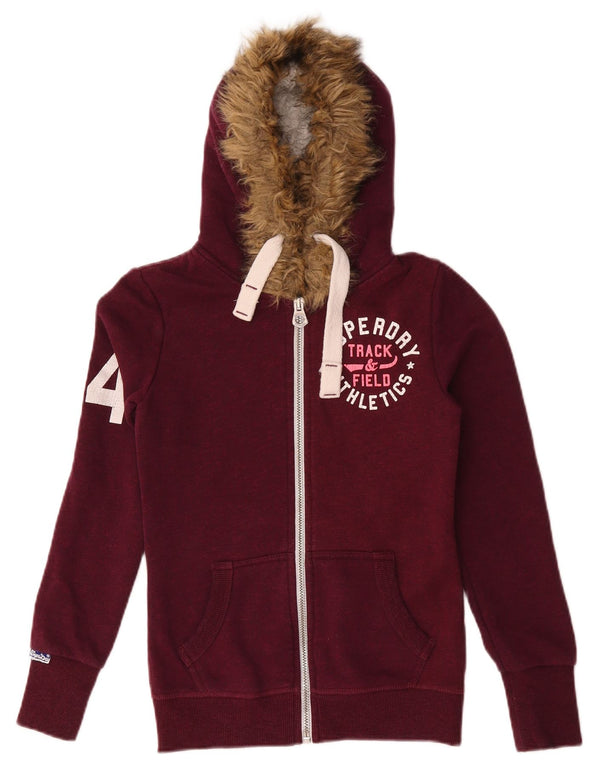 Damski sweter z kapturem Superdry z grafiką i zamkiem błyskawicznym UK 6 XS, bordowa bawełna