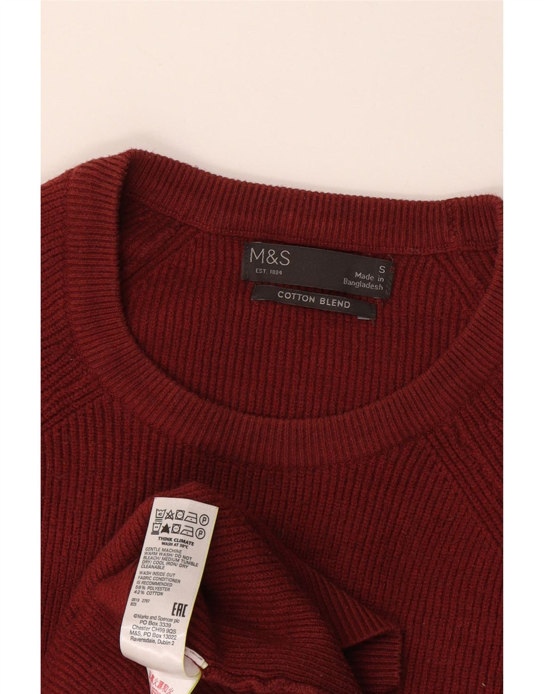 Marks & Spencer Męski sweter z okrągłym dekoltem, mały, bordowy poliester