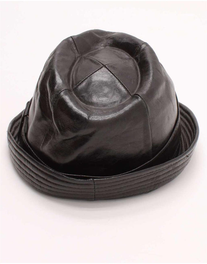 Vintage męski skórzany kapelusz Fedora, średni czarny