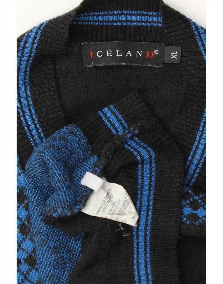 Islandzki męski sweter z dekoltem w kształcie litery V, XL, niebieski Argyle/diamentowa wełna