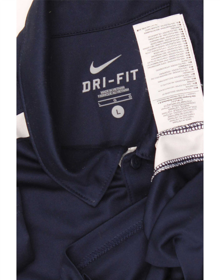 Męska koszulka polo Nike Dri Fit, duża, granatowa, poliestrowa z blokami kolorów