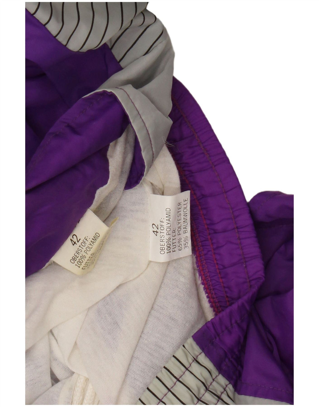 Vintage damski pełny dres EU 42, duży, fioletowy poliamid w paski