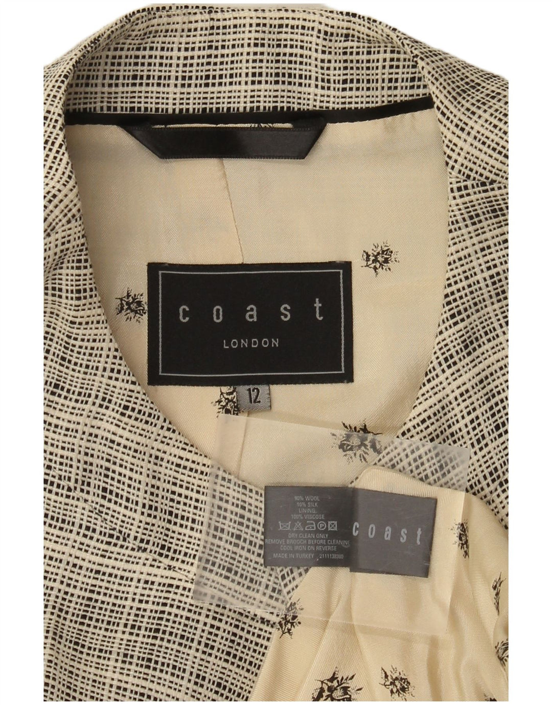 COAST Damska kurtka bolerko z rękawem 3/4 UK 12, wełniana w średnią beżową kratkę