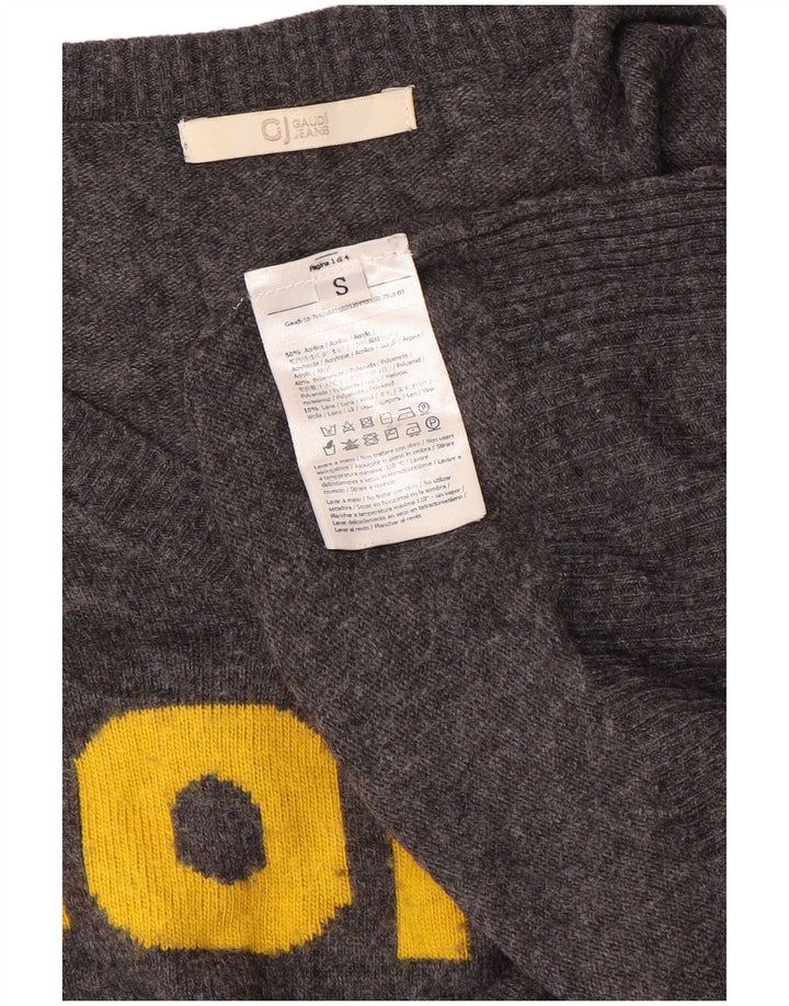 Damski sweter z grafiką, oversize, z dekoltem w szpic, UK 10, mały, szary