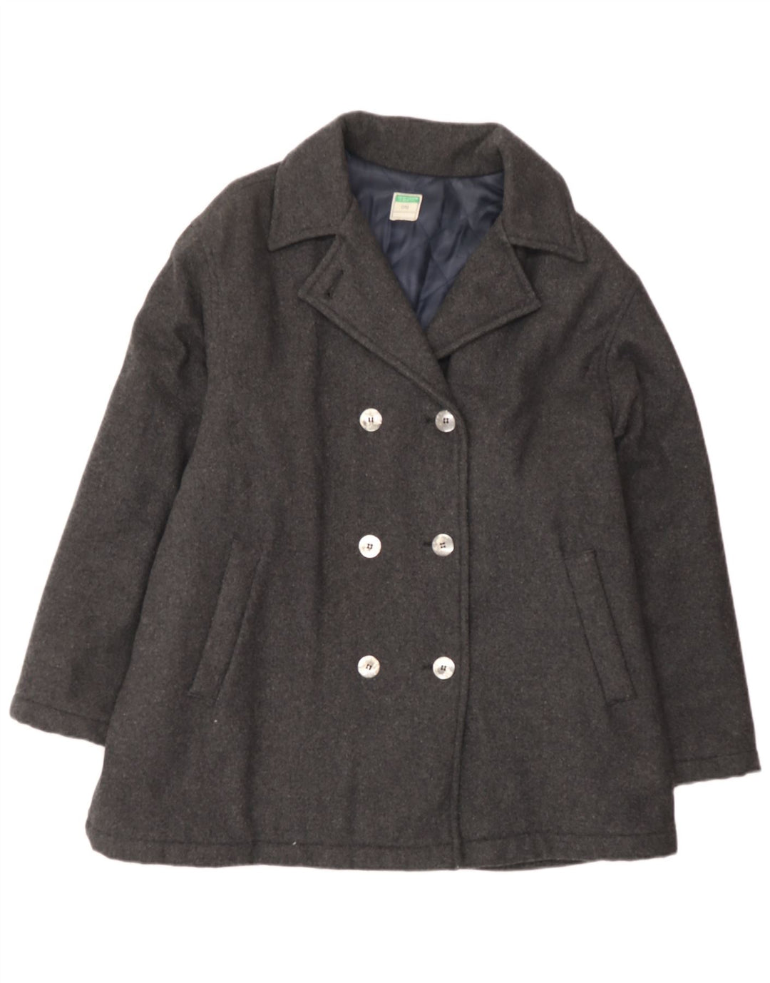 BENETTON Damski płaszcz dwurzędowy UK 18 XL, szara wełna