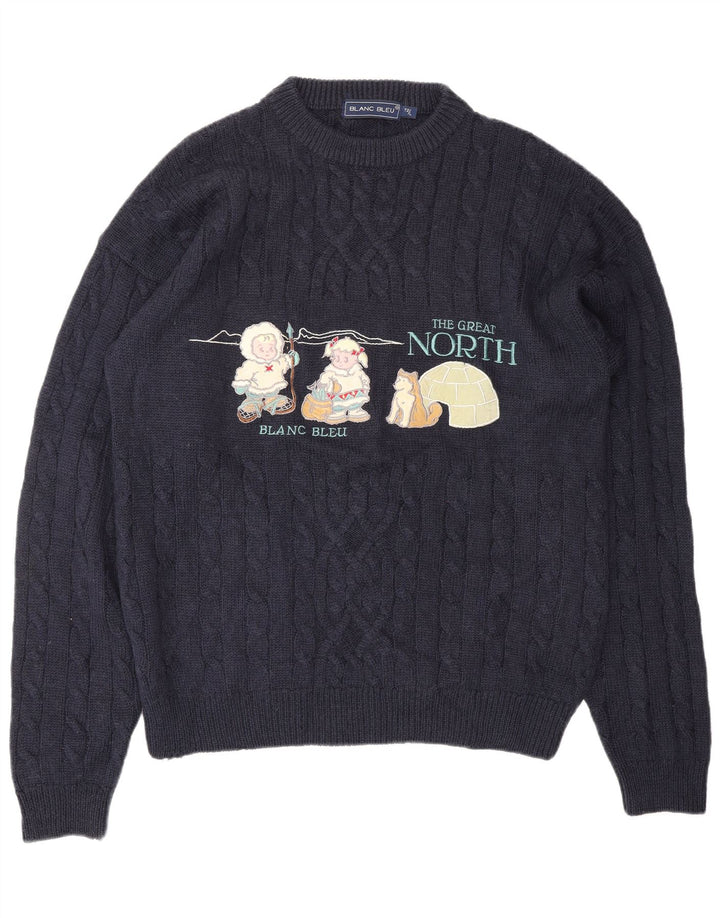 BLANC BLEU Męski sweter z graficznym wycięciem pod szyją, duży, granatowy, zimowy