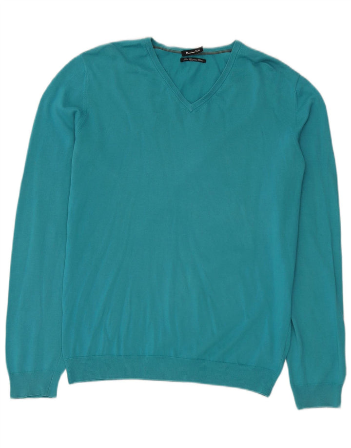 Sweter damski Massimo Dutti z dekoltem w kształcie litery V, UK 14, średni niebieski, bawełniany