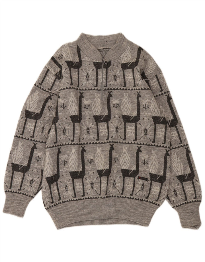 VINTAGE Mens Zip Neck Jumper Sweater IT 52 Large Grey Fair Isle