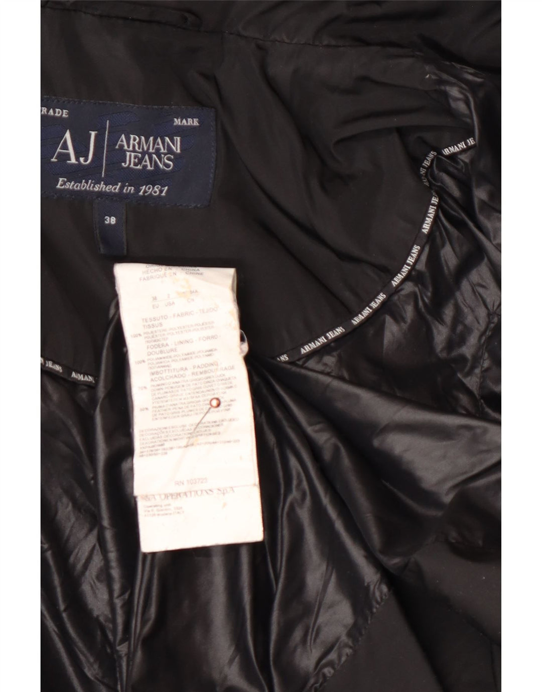ARMANI JEANS Damski, oversize'owy, ocieplany płaszcz z kapturem IT 38 XS, czarny poliester