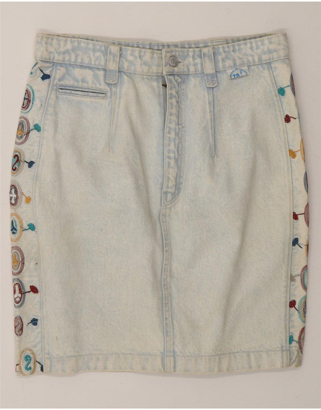 HOLIDAY PUNCH Womens Abstract Pattern Denim Skirt Large W32  Blue Cotton Vintage Holiday Punch and Second-Hand Holiday Punch from Messina Hembry 