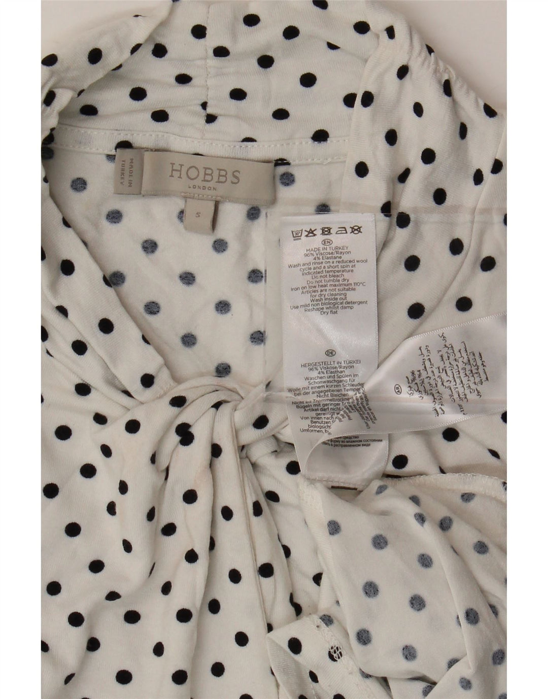 HOBBS Damska bluzka wiązana z przodu i z rękawami 3/4 Top UK 10 Small White w kropki