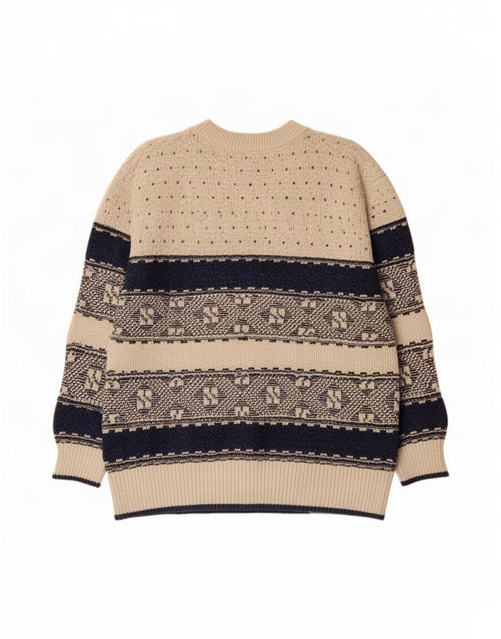 Vintage męski sweter z okrągłym dekoltem, duży, beżowy, geometryczny
