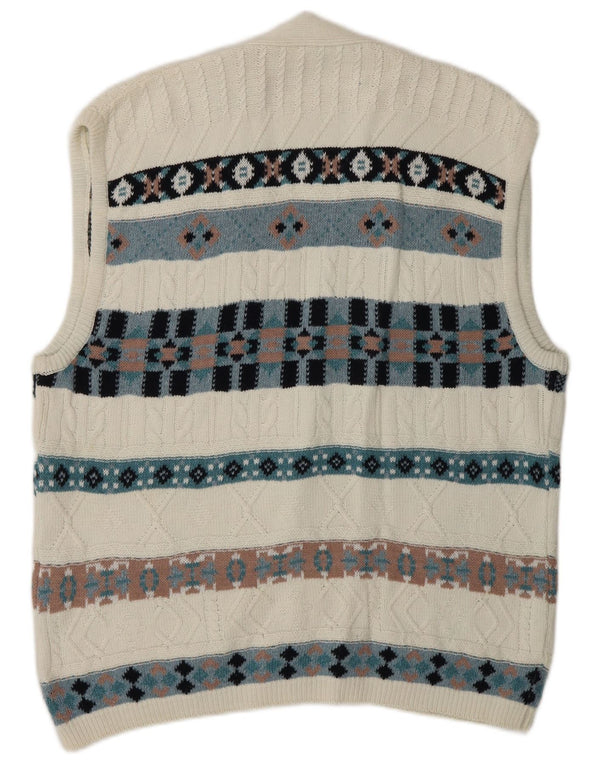 Męski sweter bez rękawów w stylu vintage, duży, biały, Fair Isle Cotton