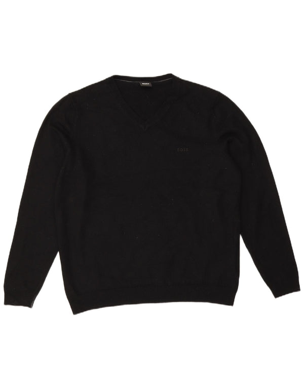 Hugo Boss Chłopięcy sweter z dekoltem w kształcie litery V 15-16 lat XL Czarna dziewicza wełna