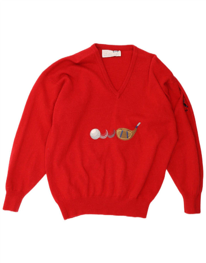 Damski sweter PRINGLE z graficznym dekoltem w kształcie litery V, UK 18 XL, czerwona wełna