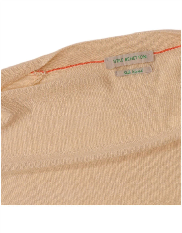 BENETTON Womens V-Neck Jumper Sweater UK 12 Medium Beige Viscose