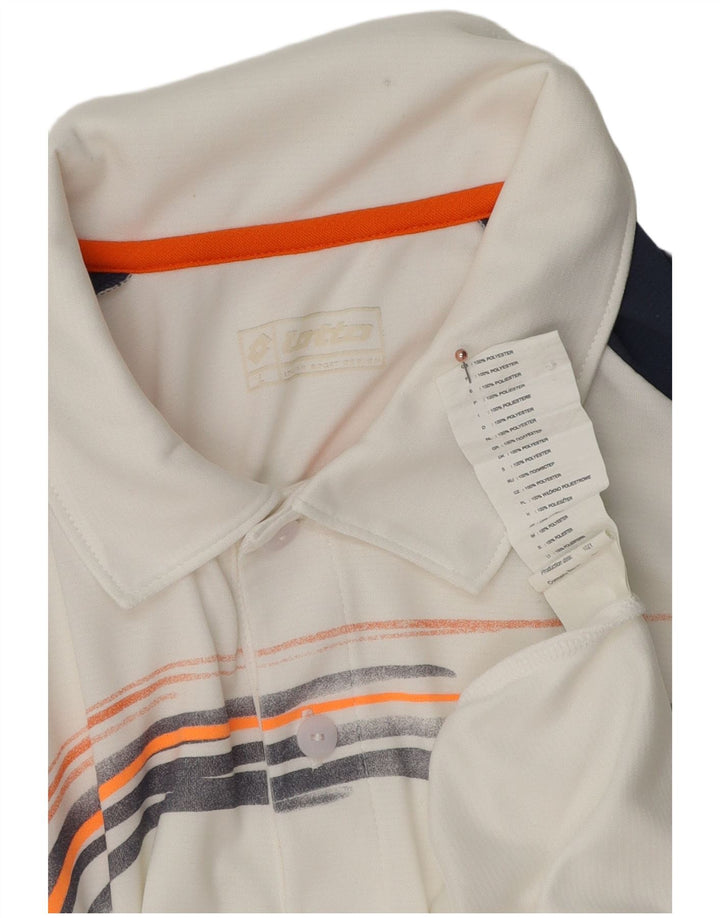 Męska koszulka polo z grafiką Lotto, duża, biała, poliestrowa z blokami kolorów