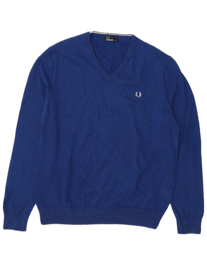 Męski sweter Fred Perry z dekoltem w kształcie litery V, XL, niebieska wełna
