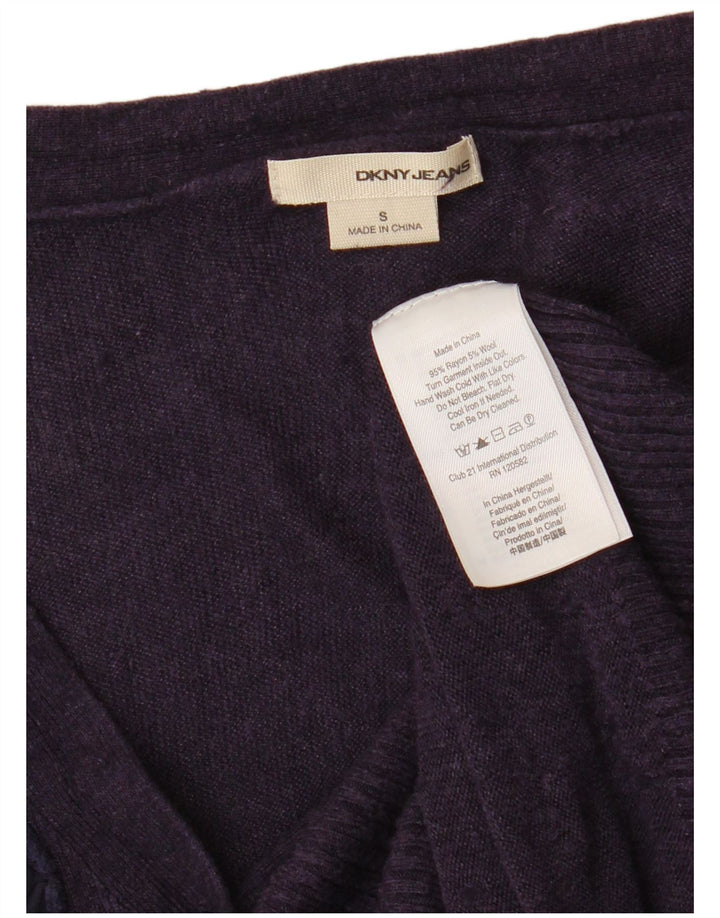 Damski sweter rozpinany Dkny z falbaną z przodu UK 8 Mały fioletowy sztuczny jedwab
