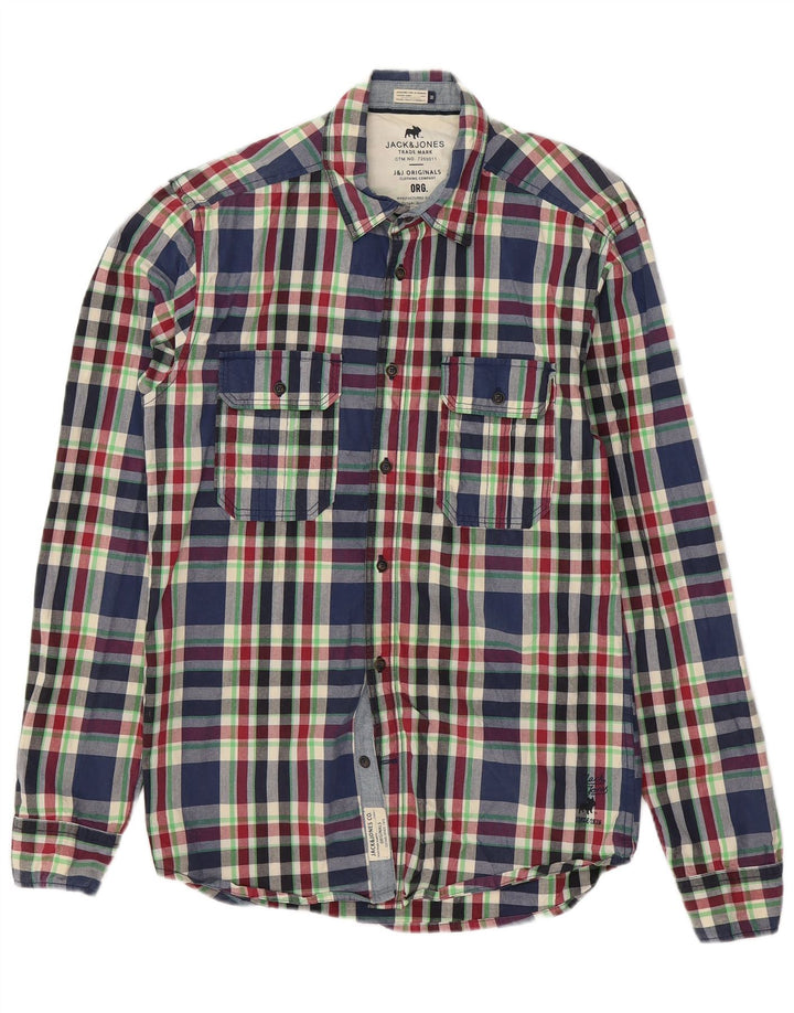 JACK & JONES Mens Shirt Medium Navy Blue Check Cotton
