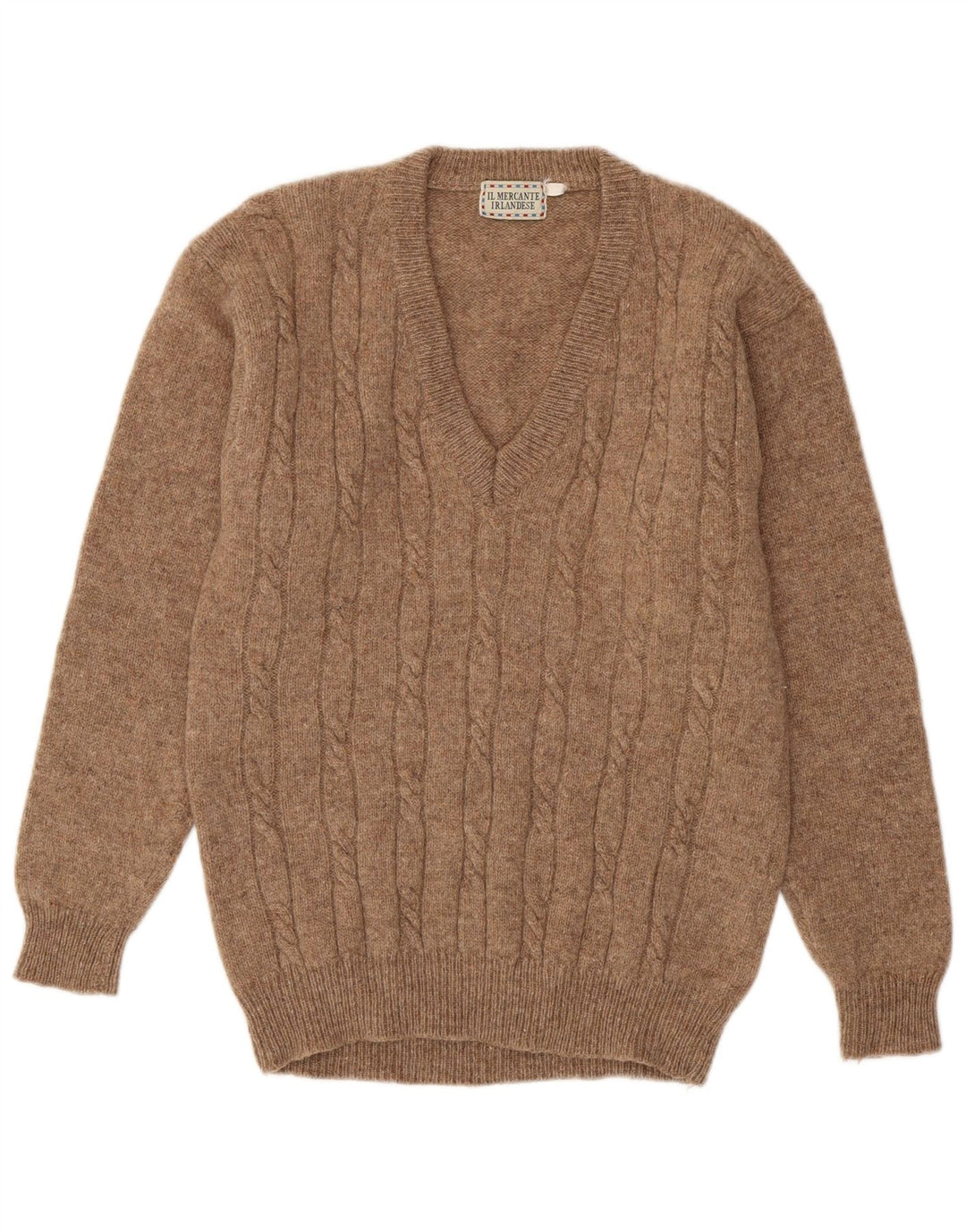Męski sweter w stylu vintage z dekoltem w szpic, średnio brązowy