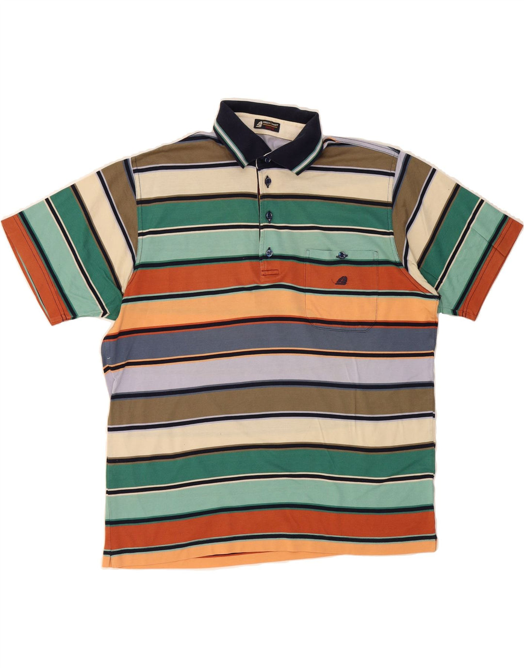 GREEN COAST Mens Polo Shirt Medium Multicoloured Striped Cotton Vintage Green Coast and Second-Hand Green Coast from Messina Hembry 