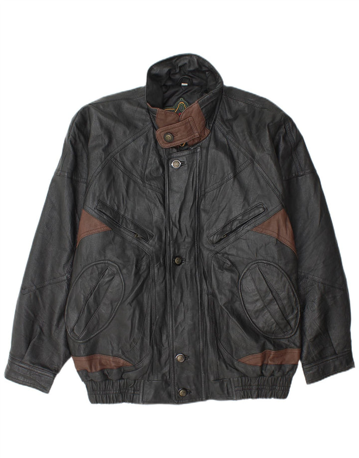 Męska kurtka skórzana w stylu vintage IT 52 XL Czarna skóra z blokami kolorów