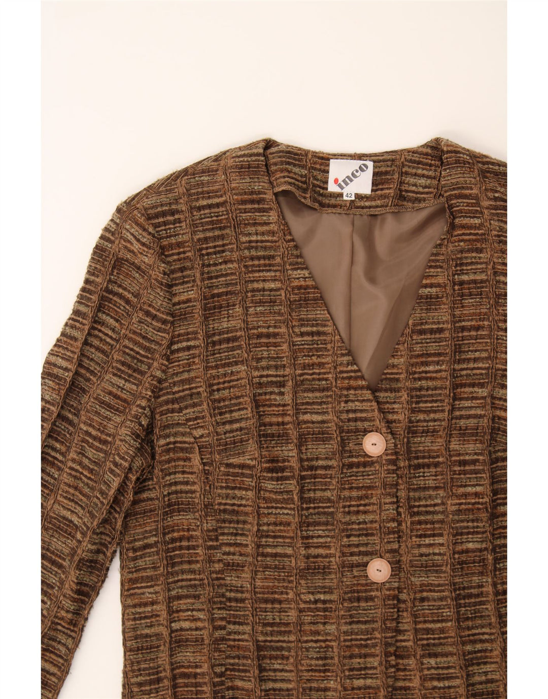 VINTAGE Womens 3/4 Sleeve Blazer Jacket IT 42 Medium Brown Striped Vintage Vintage and Second-Hand Vintage from Messina Hembry 