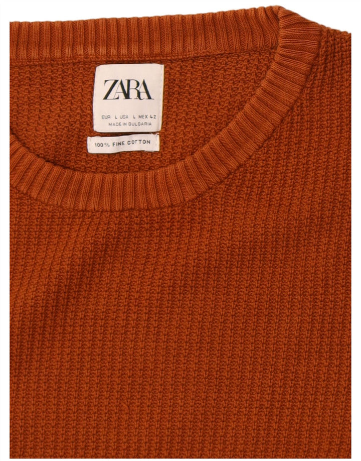 Męski sweter Zara z okrągłym dekoltem, duży, brązowy, bawełniany