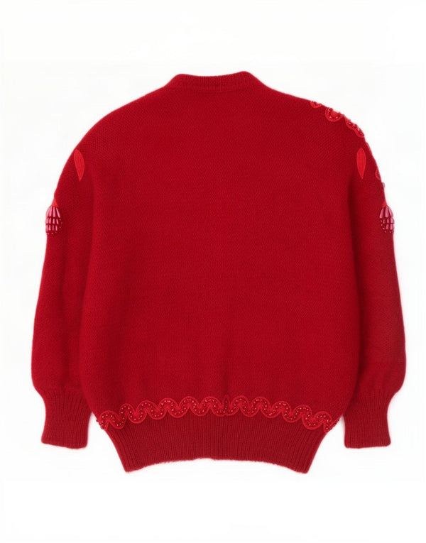 Vintage damski sweter oversize UK 16, duży, czerwony, kwiatowy moher