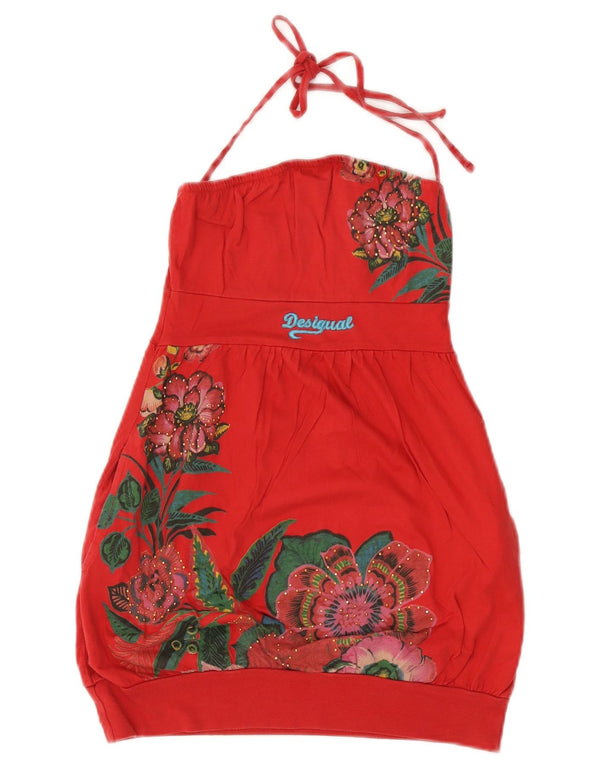 Damski graficzny top Desigual wiązany na szyi UK 4 XS, czerwony, bawełniany w kwiaty