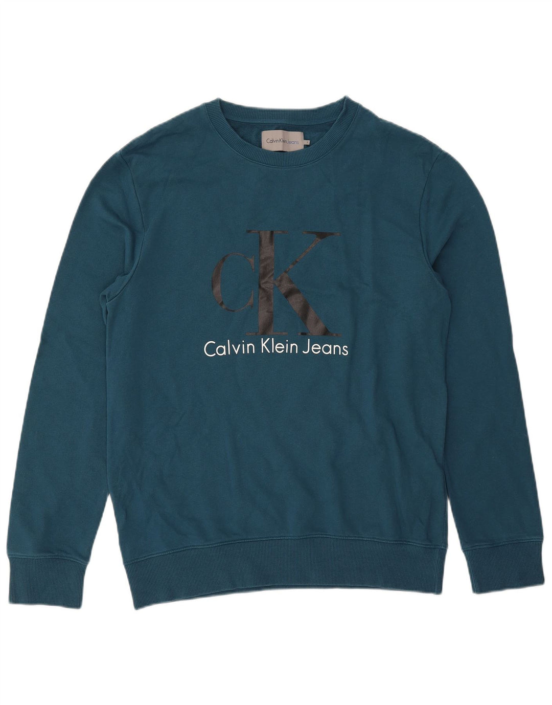 CALVIN KLEIN JEANS Męski sweter z grafiką, duży, niebieski, bawełniany