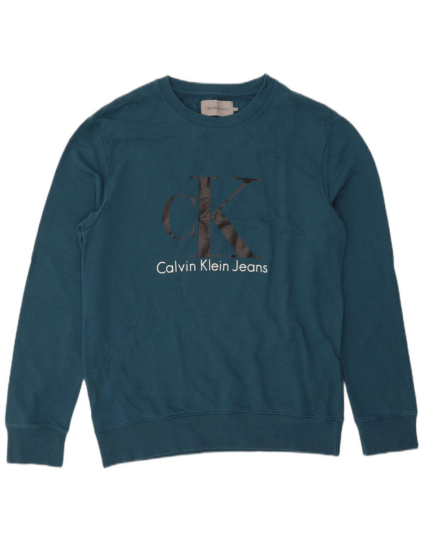 CALVIN KLEIN JEANS Męski sweter z grafiką, duży, niebieski, bawełniany