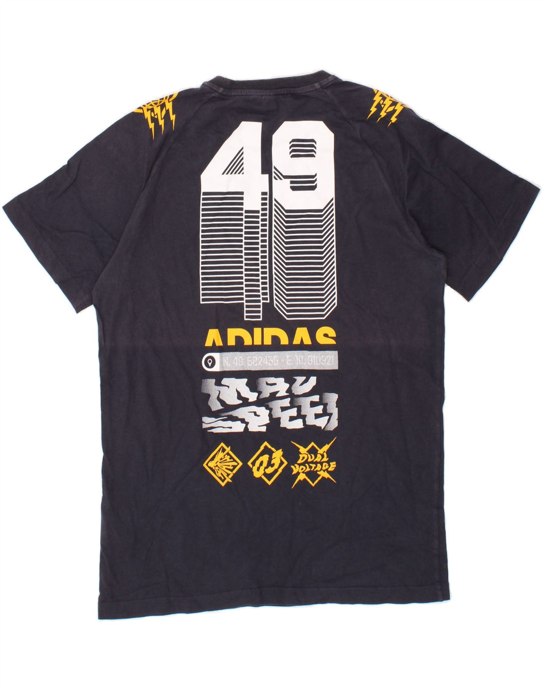 ADIDAS Mens Graphic T-Shirt Top Small Navy Blue Striped Vintage Adidas and Second-Hand Adidas from Messina Hembry 