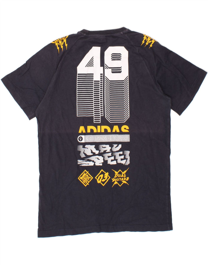 ADIDAS Mens Graphic T-Shirt Top Small Navy Blue Striped Vintage Adidas and Second-Hand Adidas from Messina Hembry 