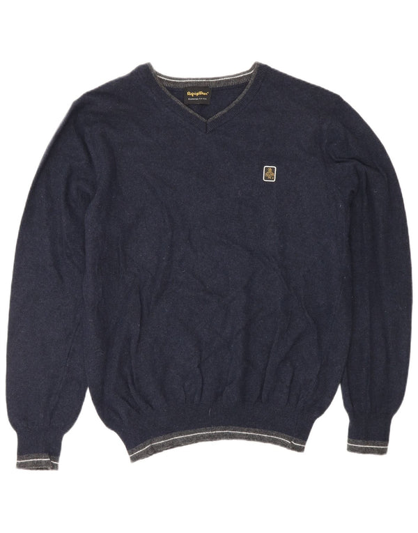 REFRIGIWEAR Damski sweter z dekoltem w kształcie litery V, UK 16, duży, granatowy, wełniany