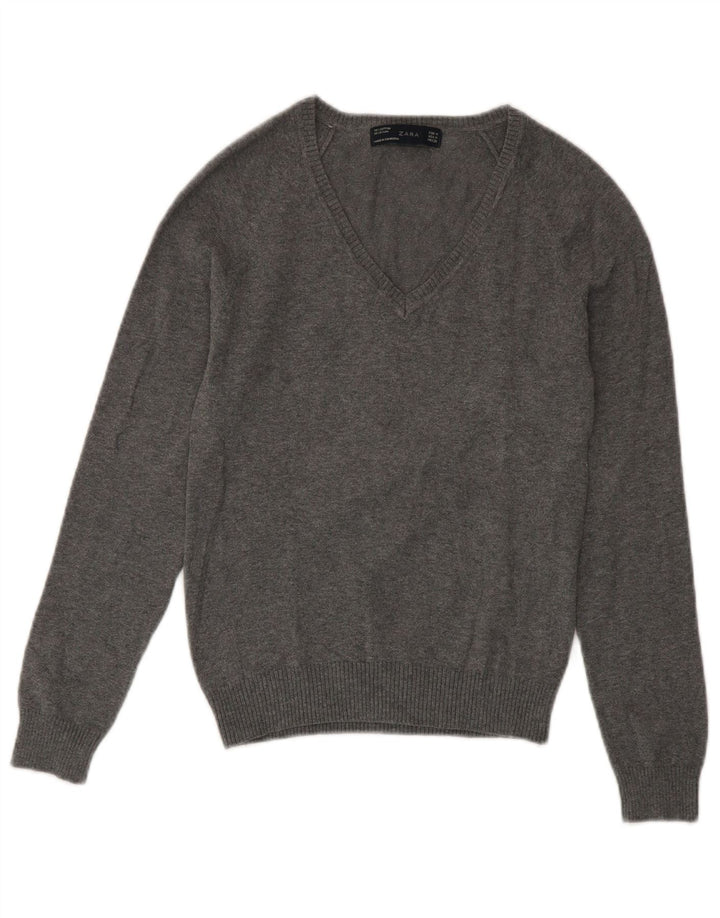 Sweter damski Zara z dekoltem w kształcie litery V, UK 12, średnioszary, bawełniany