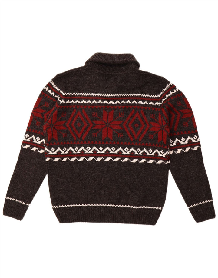 Sweter męski w stylu vintage z szalowym dekoltem, średnio szary Fair Isle