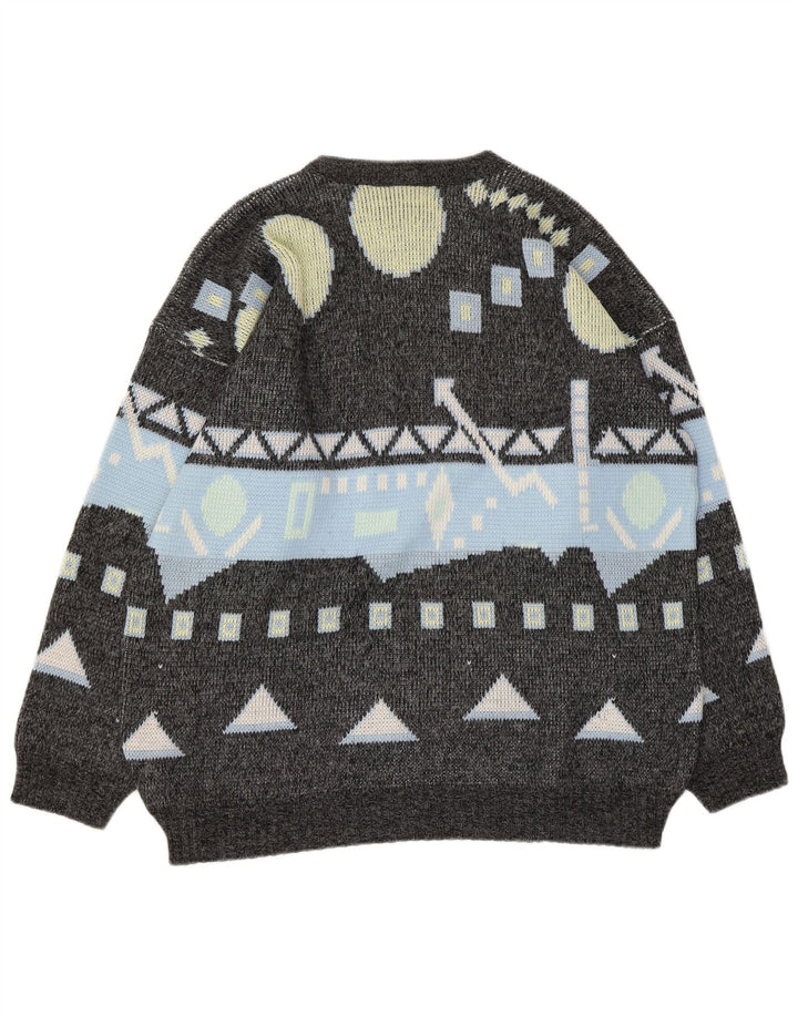 Vintage męski sweter z wycięciem pod szyją, duży, szary, geometryczny