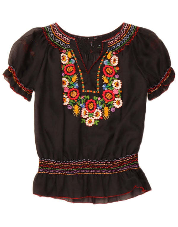 Damska prześwitująca bluzka VINTAGE UK 16, duża, czarna w kwiaty