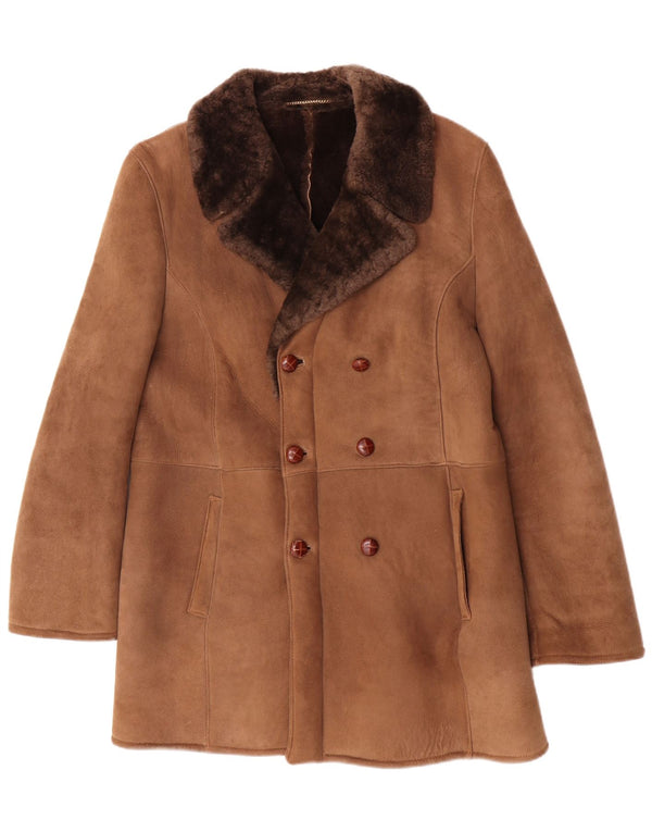 Fibok Mens Shearling Double Breasted Coat UK 38 Medium Brown