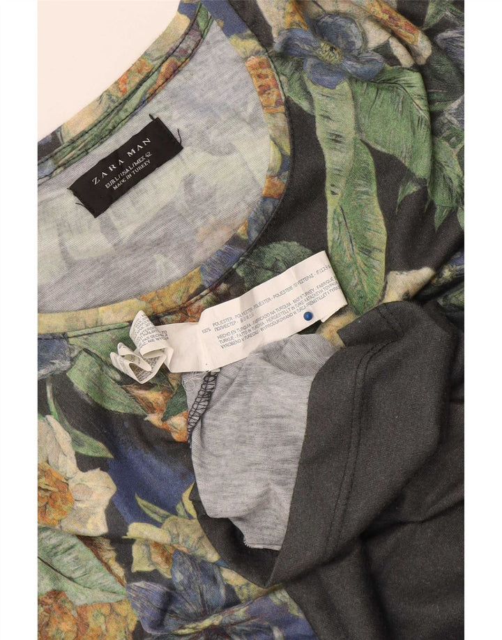 Męski T-shirt z grafiką Zara, duży, szary, kwiatowy poliester