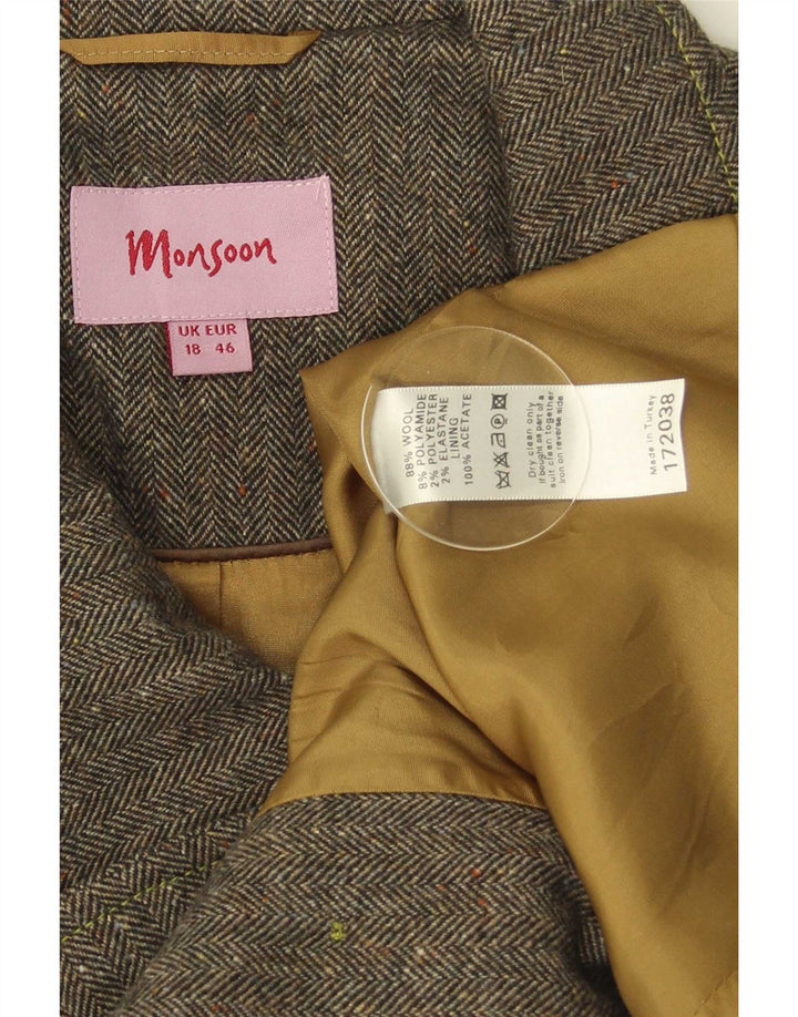 Monsoon Damski krótki płaszcz grochowy z rękawami 3/4 UK 18 XL Szara wełna w jodełkę