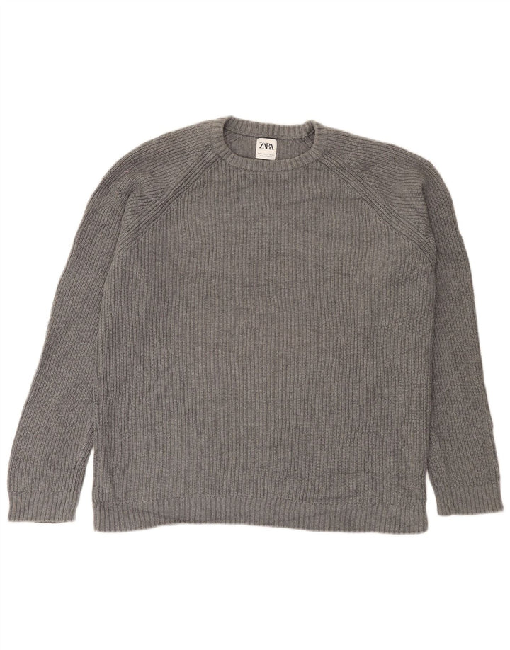 Męski sweter Zara z okrągłym dekoltem, duży, szary, bawełniany