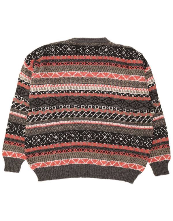 Vintage męski sweter z wycięciem pod szyją, duży, szary, geometryczny akryl