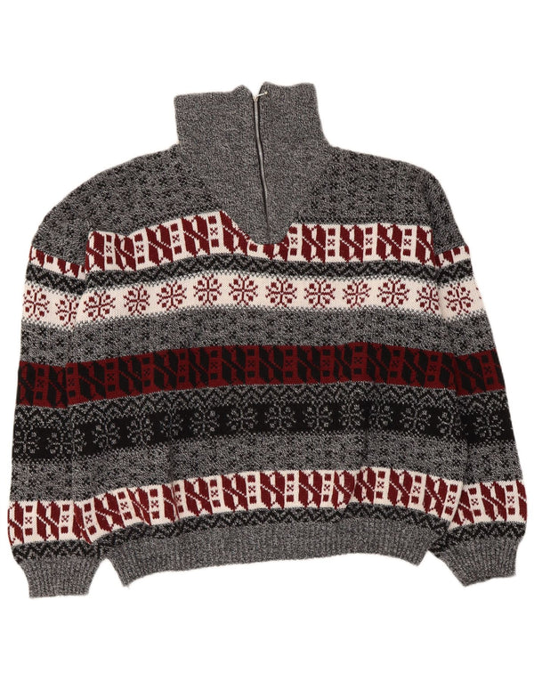 Sweter damski w stylu vintage z zamkiem błyskawicznym UK 14 Średni szary Fair Isle