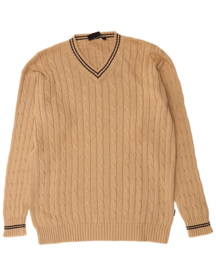 Sweter męski w stylu vintage z dekoltem w szpic, duży, beżowy, bawełniany
