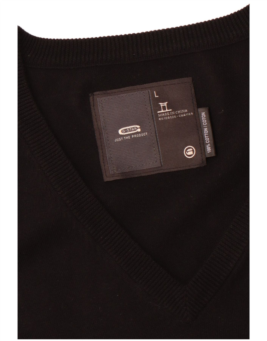 Męski sweter G-STAR z graficznym dekoltem w szpic, duży, czarny, bawełniany