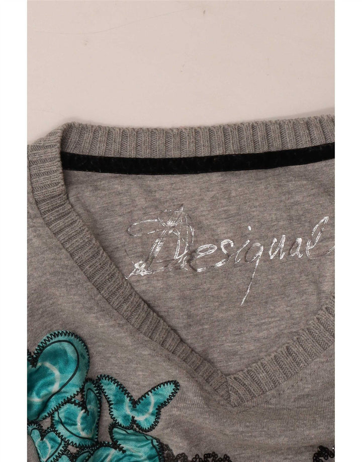 Desigual damski top graficzny z długim rękawem UK 14, średni szary serce