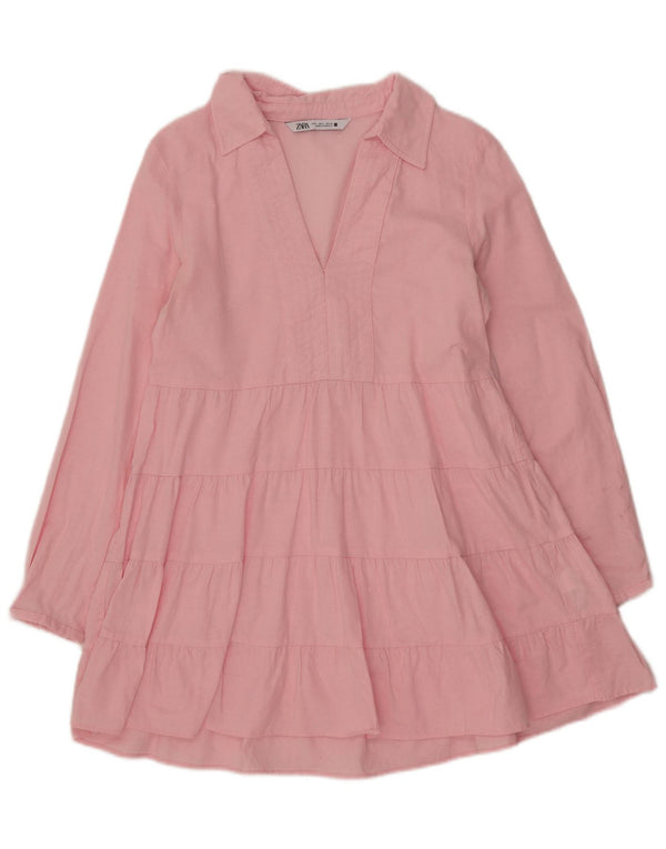 Zara Womens Long Sleeve Tiered Dress UK 10 Small Pink Cotton